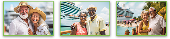 Three photos of elderly couples enjoying cruise life.