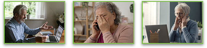 Three photos of elderly people frustrated looking at computers or phones