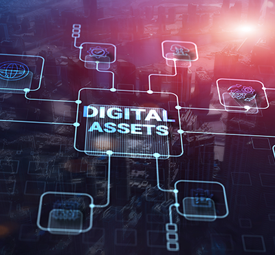 Digital Assets Business Management System Concept on modern city background.