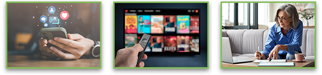 Three images - Social media and digital online concept, Watching online TV with remote control in hand, Smiling 60s middle aged business lady using computer watching webinar sit on couch writing in notebook.