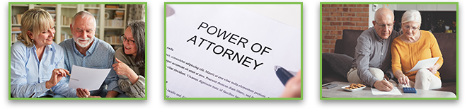 Three images - Daughter and wife showing father/husband Power of Attorney form, Close up of Power of Attorney form and older couple paying bills.