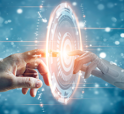 Hands of robot and human touching on big data network connection.