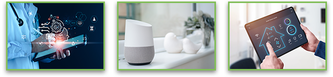 First image: Doctor using on tablet to improve patient health. Second image: Smart home speaker on windowsill. Third image: All in one smart home control system app on tablet display in man hands.