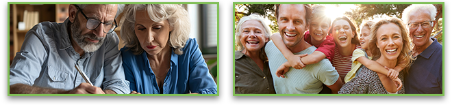 First image: Portrait of a married couple making a will in a business office. Second image: Outdoor Portrait Of Multi-Generation Family Walking In Countryside Against Flaring Sun