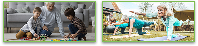 First image: Two cheerful kids and grandpa playing with toys on living room carpet. Second image: Sporty senior women doing exercise in garden during group training.