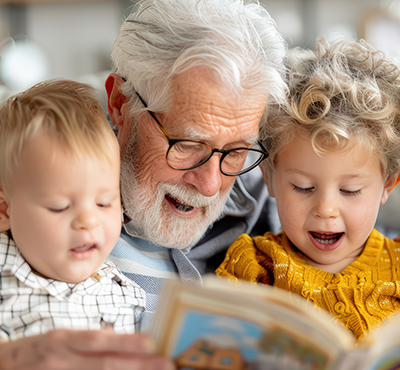 A loving grandfather reading a storybook to his grandchildren