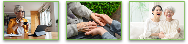 Three images - Older woman, having a drink, at home office, Caregiver touching hands of elderly woman, Elderly mother and daughter sitting on couch.